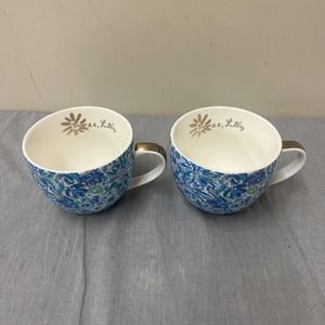 Lilly Pulitzer Ceramic Mugs Floral Blue with Gold Handle 12 ounce FS Bnfts Chrty